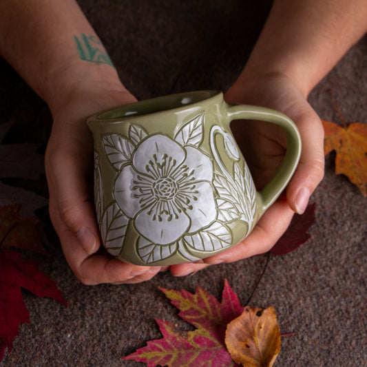 Olive Green Sgraffito Hellebore Mug #2 [12oz]