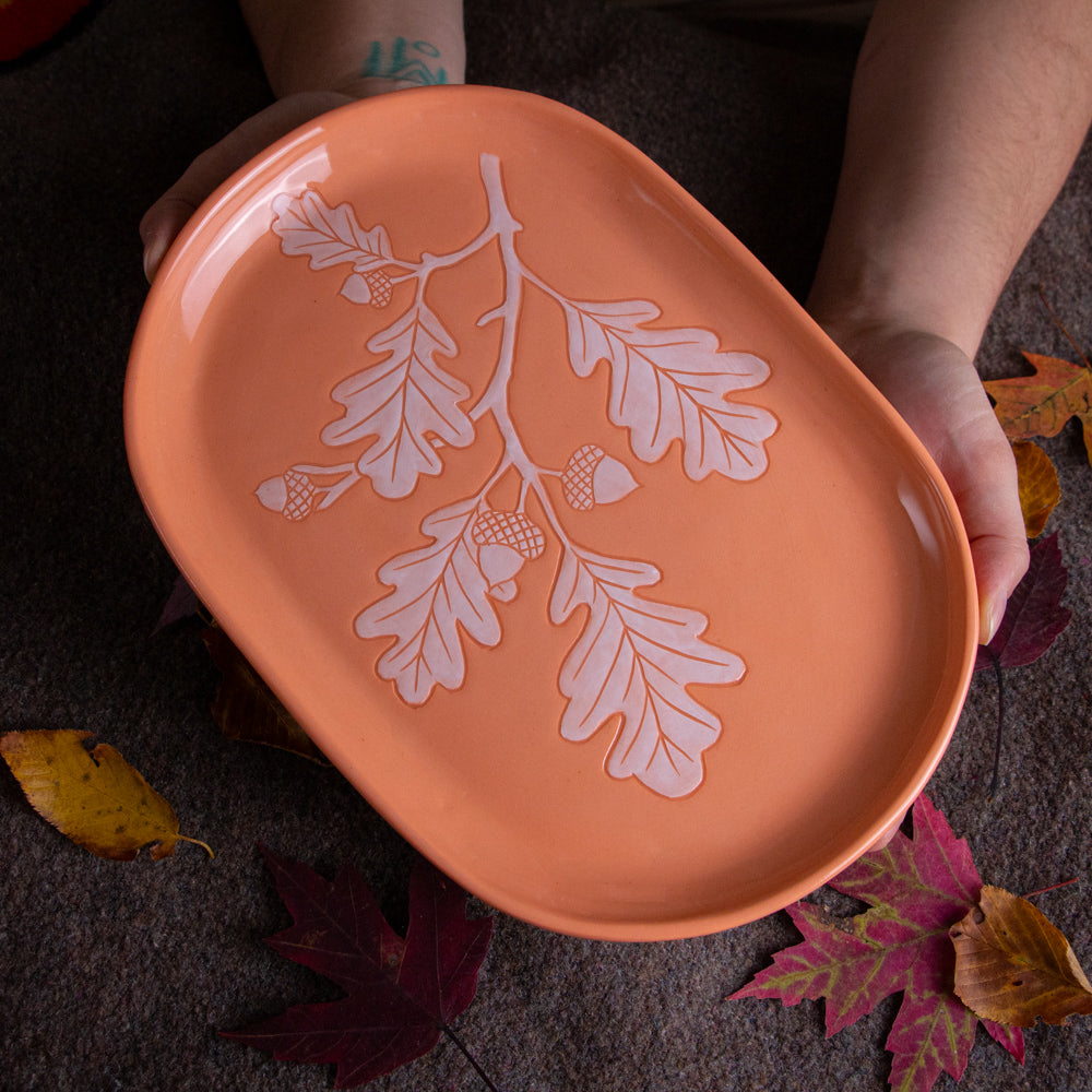 Peach Sgraffito Oak Branch Tray