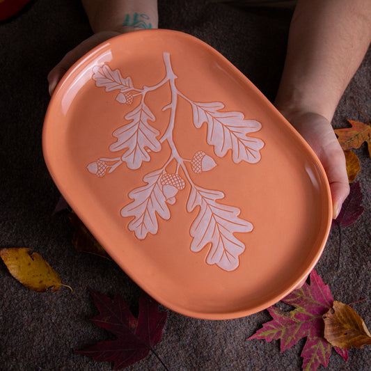 Peach Sgraffito Oak Branch Tray