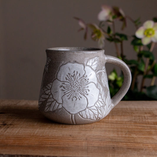 Gray Sandstone Sgraffito Hellebore Mug #2 [13oz]