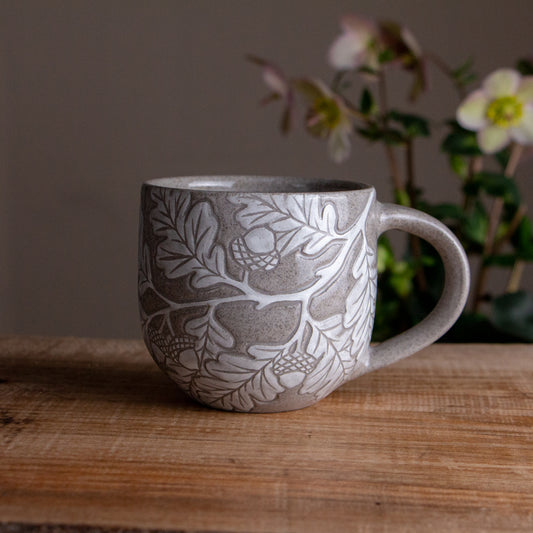 Gray Sandstone Sgraffito Oak Branch Mug #1 [12oz]