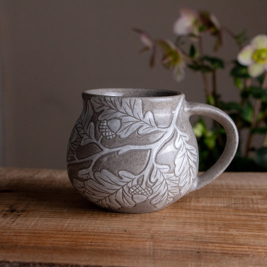 Gray Sandstone Sgraffito Oak Branch Mug #2 [13oz]