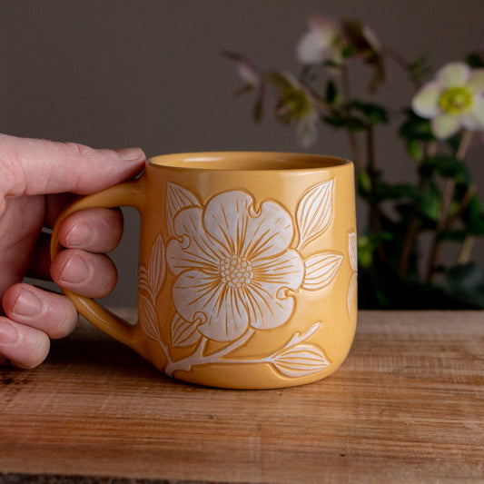 Yellow Sgraffito Dogwood Mug #1 [14oz]