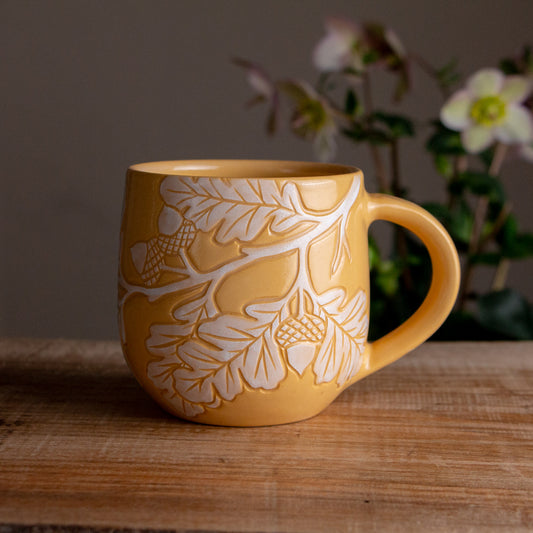 Yellow Sgraffito Oak Branch Mug #1 [15oz]