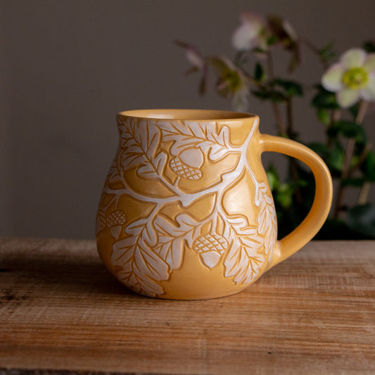 Yellow Sgraffito Oak Branch Mug #2 [14oz]