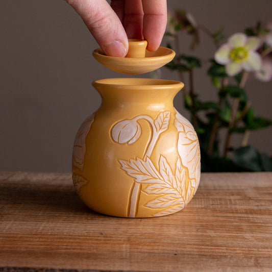 Yellow Sgraffito Poppy Lidded Jar