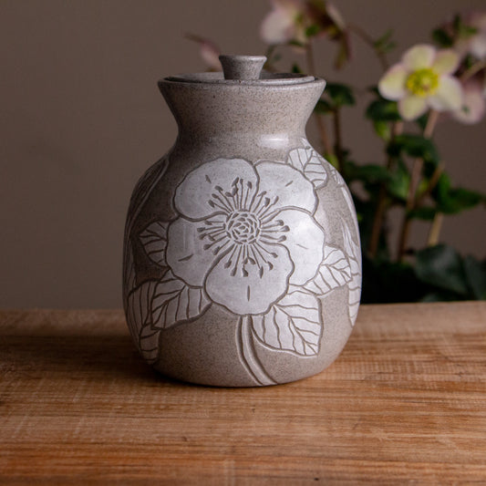 Gray Sandstone Sgraffito Hellebore Lidded Jar