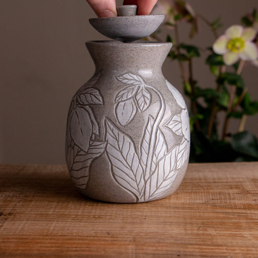 Gray Sandstone Sgraffito Hellebore Lidded Jar