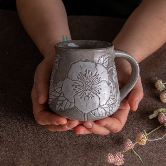 Gray Sandstone Sgraffito Hellebore Mug #2 [13oz]