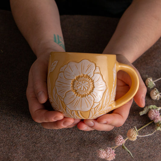Yellow Sgraffito Poppy Mug #2 [14oz]