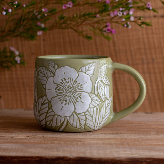Olive Green Sgraffito Hellebore Mug #2 [14oz]
