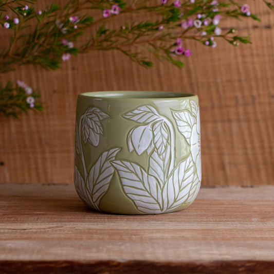 Olive Green Sgraffito Hellebore Mug #2 [14oz]