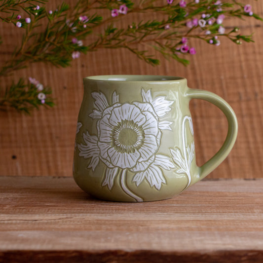 Olive Green Sgraffito Anemone Mug #1 [15oz]