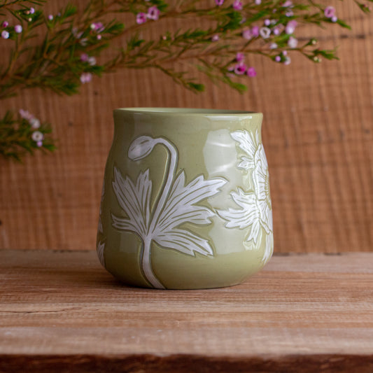 Olive Green Sgraffito Anemone Mug #1 [15oz]