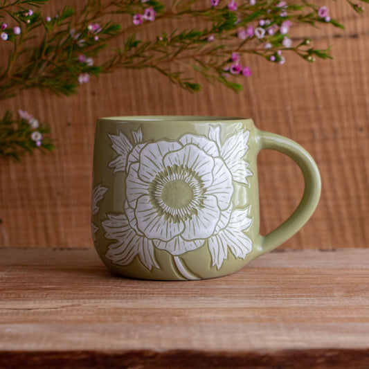 Olive Green Sgraffito Anemone Mug #2 [15oz]