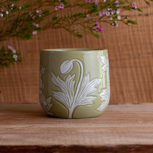 Olive Green Sgraffito Anemone Mug #2 [15oz]