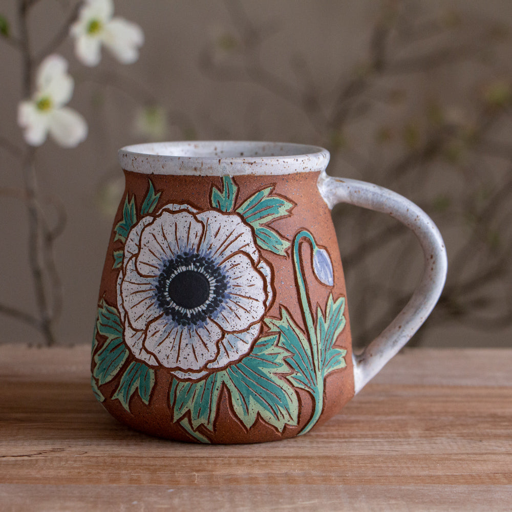 Tall White Anemone Stoneware Mug #1 [18oz]