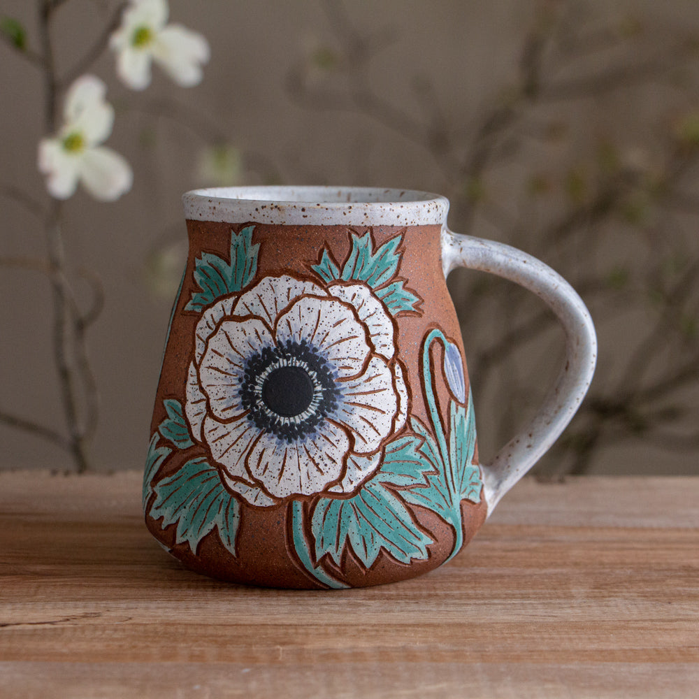 Tall White Anemone Stoneware Mug #2 [16oz]
