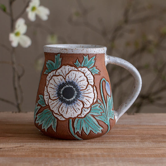 Tall White Anemone Stoneware Mug #2 [16oz]