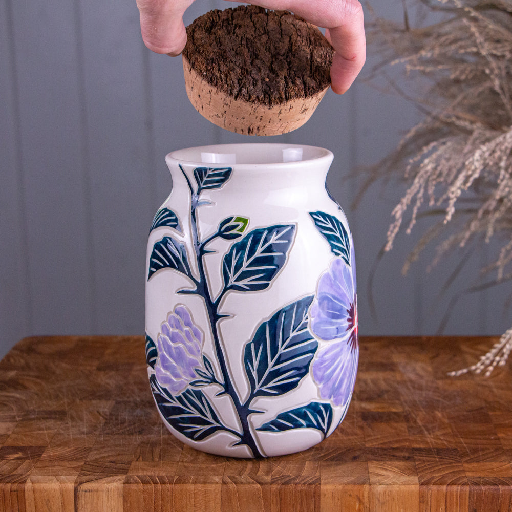Purple Hibiscus Tall Corked Jar / Vase