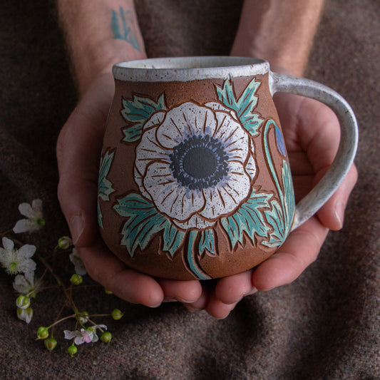 Tall White Anemone Stoneware Mug #1 [17oz]