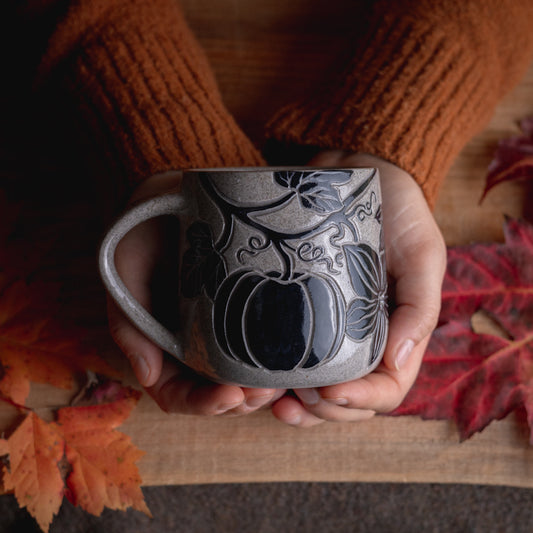 Gray Sandstone Sgraffito Pumpkin Mug #4 [14oz]