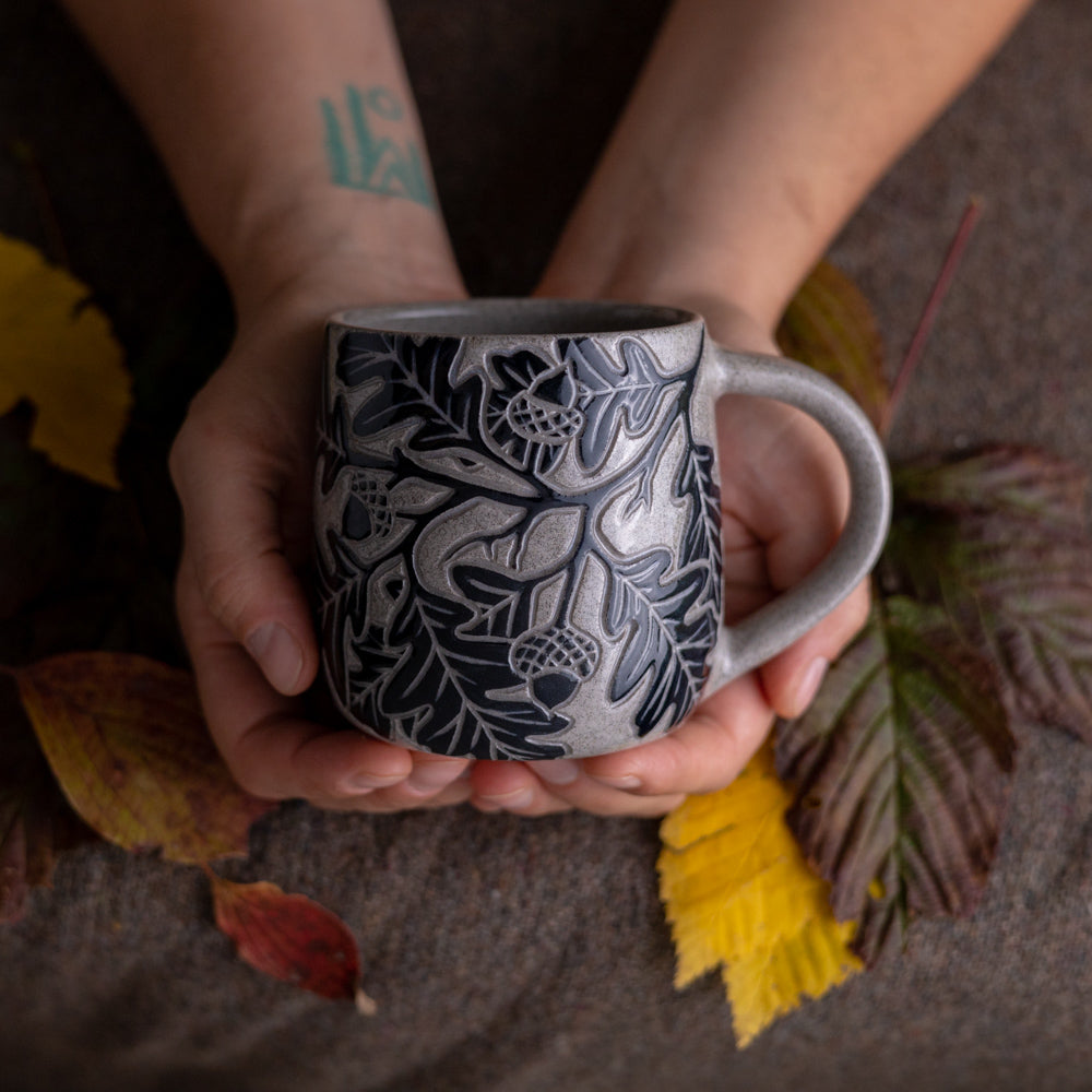 Gray Sandstone Sgraffito Oak Branch Mug #2 [12oz]