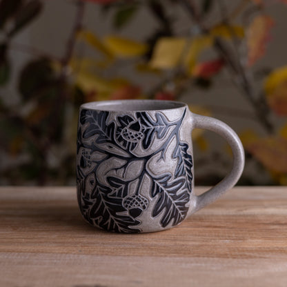 Gray Sandstone Sgraffito Oak Branch Mug #2 [12oz]