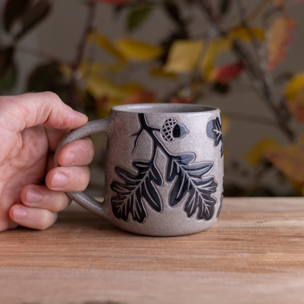 Gray Sandstone Sgraffito Oak Branch Mug #2 [12oz]