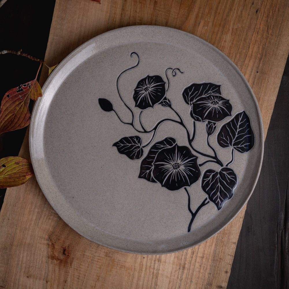 Gray Sandstone Sgraffito Morning Glory Tray